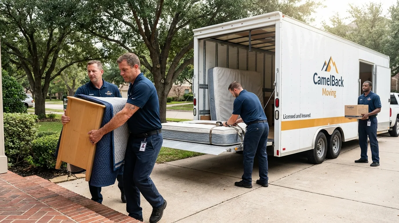 Crew loading residential truck for cross-state move from Boise, ID