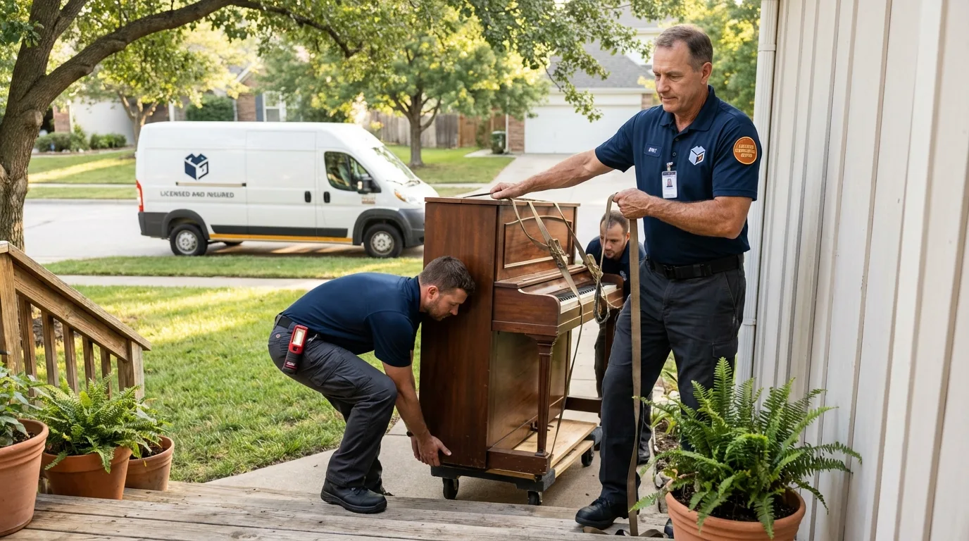 Licensed piano movers securing grand piano in Boise, ID