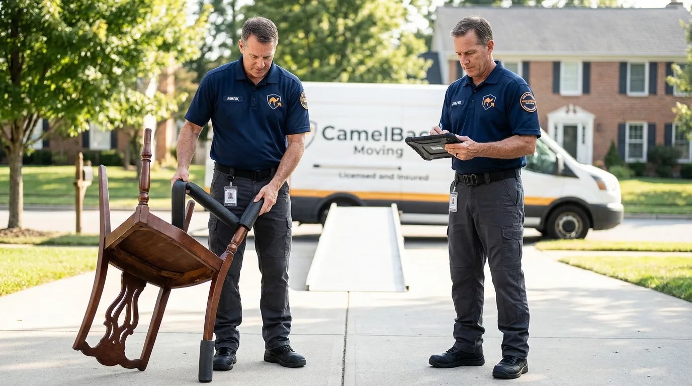 Movers inspecting furniture for damage prevention before loading in Boise, ID