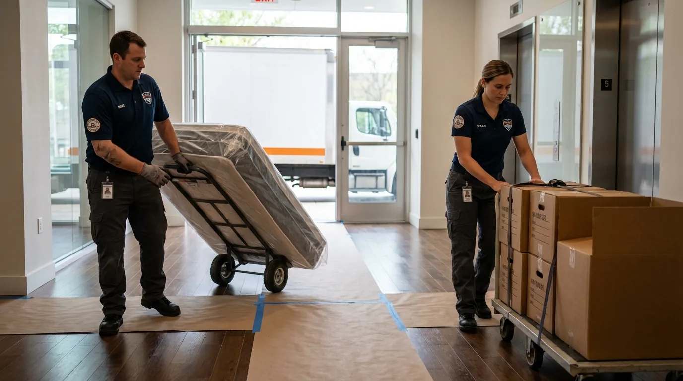 Professional apartment movers loading elevator in Boise, ID